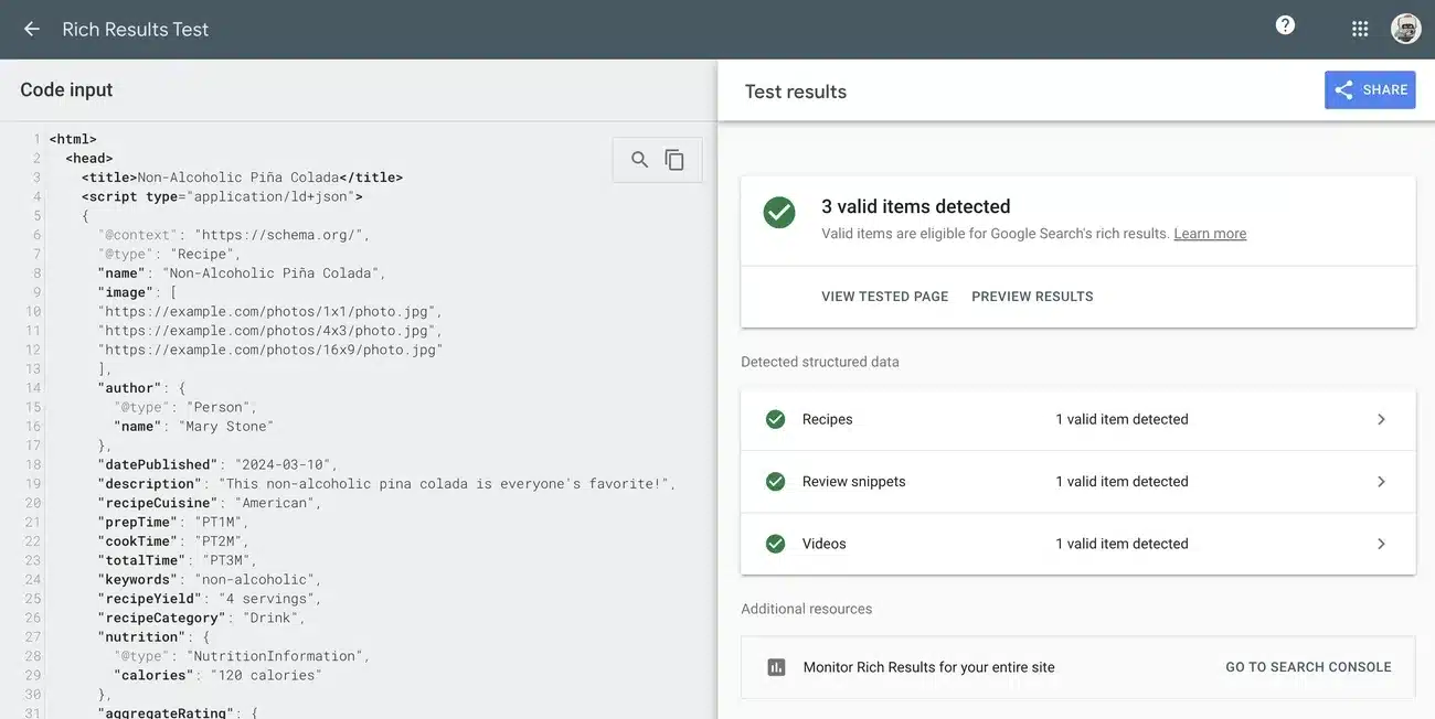 Google Rich Results Test showing valid structured data for a non-alcoholic piña colada recipe with 3 valid items detected.