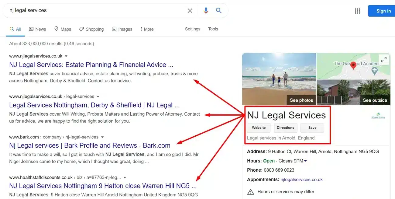Google search results page showing NJ Legal Services listings and business info in Arnold, Nottingham with map and photos.